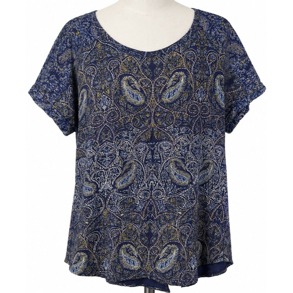 Lucky Brand Boho Paisley Print Top Blue Short Sleeve Festival Blouse Women Large